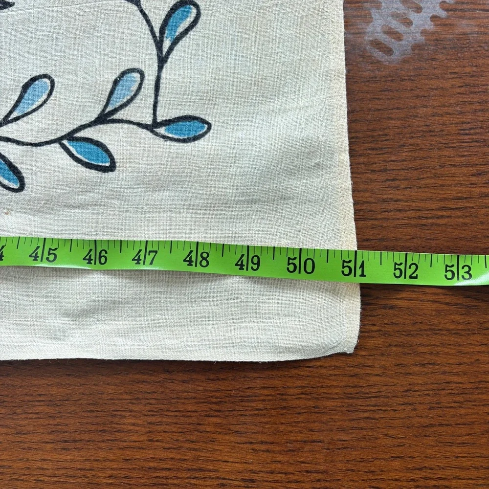 Vintage Floral Hand Printed Linen Tablecloth Square 51x51 Mid Century Retro